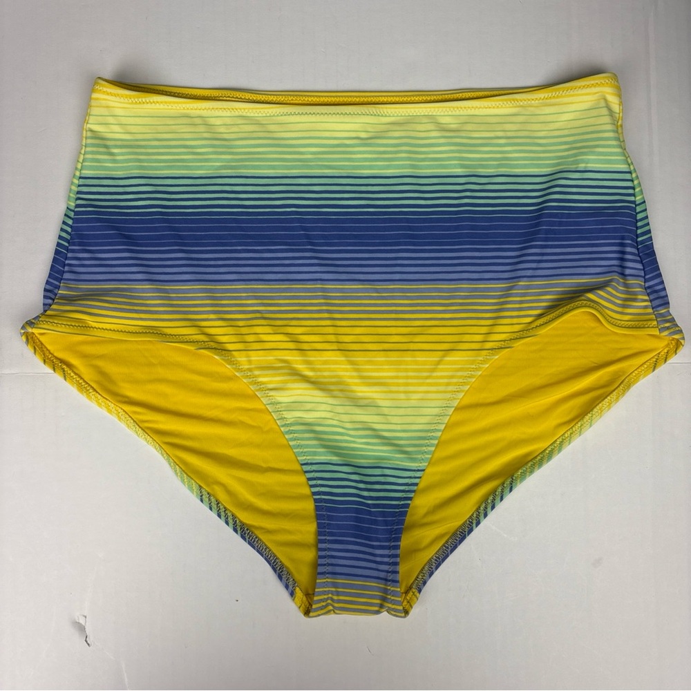 Aerie Women's XL Bikini Bottom Stripe Blue Yellow Green High Waist Swim New Tags